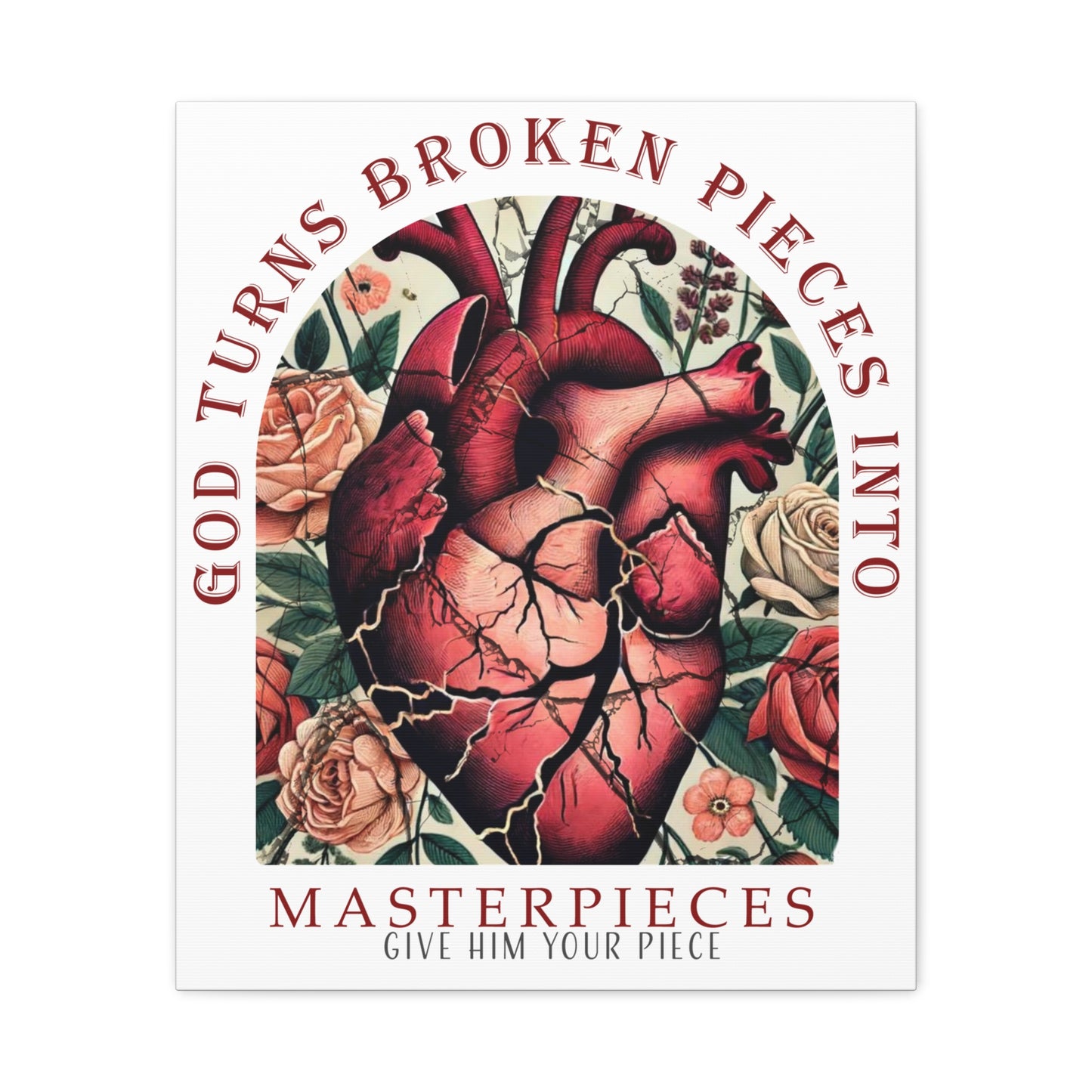 Canvas Art Print - God Turns Broken Pieces into Masterpieces Stretched, Stained Glass Anatomical Heart