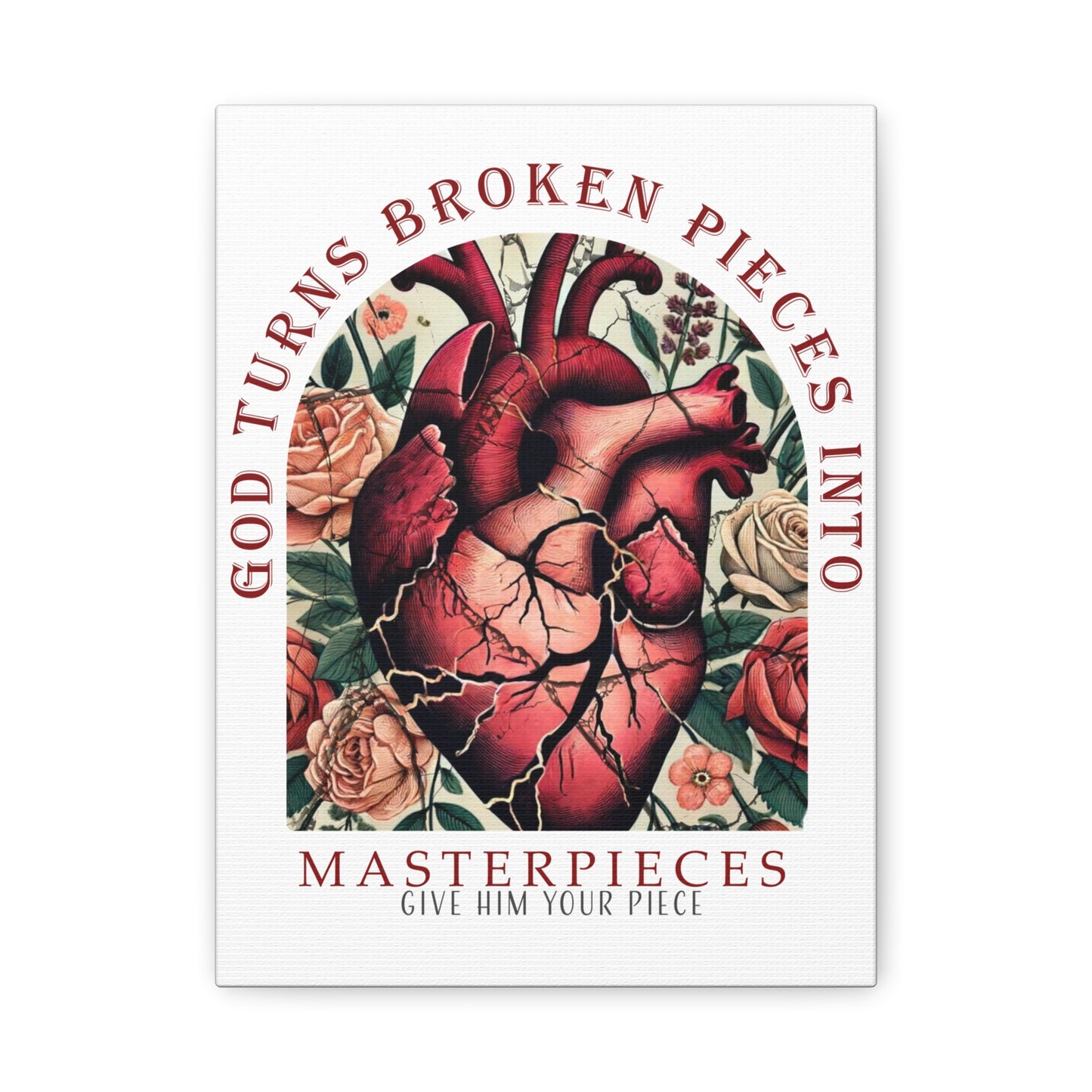 Canvas Art Print - God Turns Broken Pieces into Masterpieces Stretched, Stained Glass Anatomical Heart