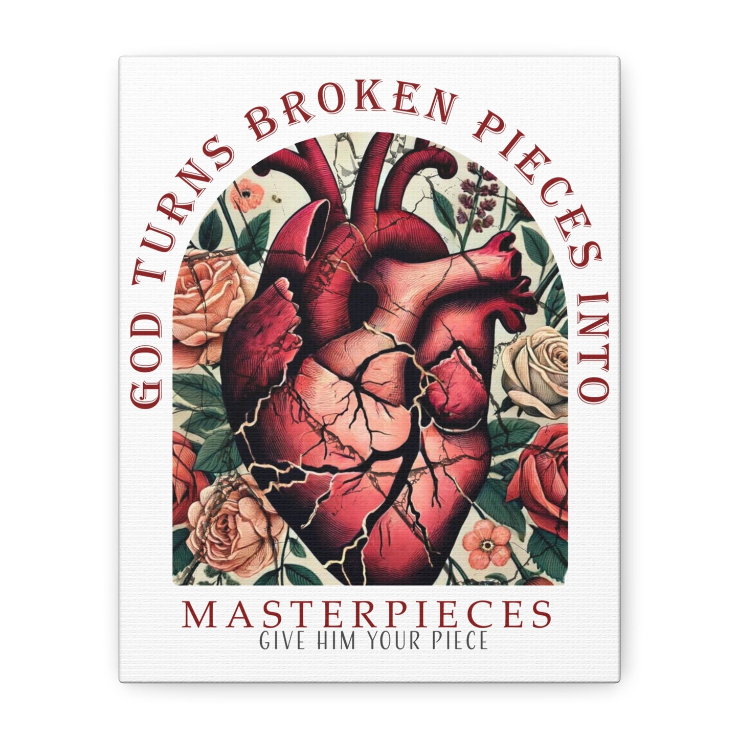 Canvas Art Print - God Turns Broken Pieces into Masterpieces Stretched, Stained Glass Anatomical Heart