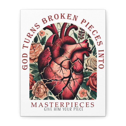 Canvas Art Print - God Turns Broken Pieces into Masterpieces Stretched, Stained Glass Anatomical Heart