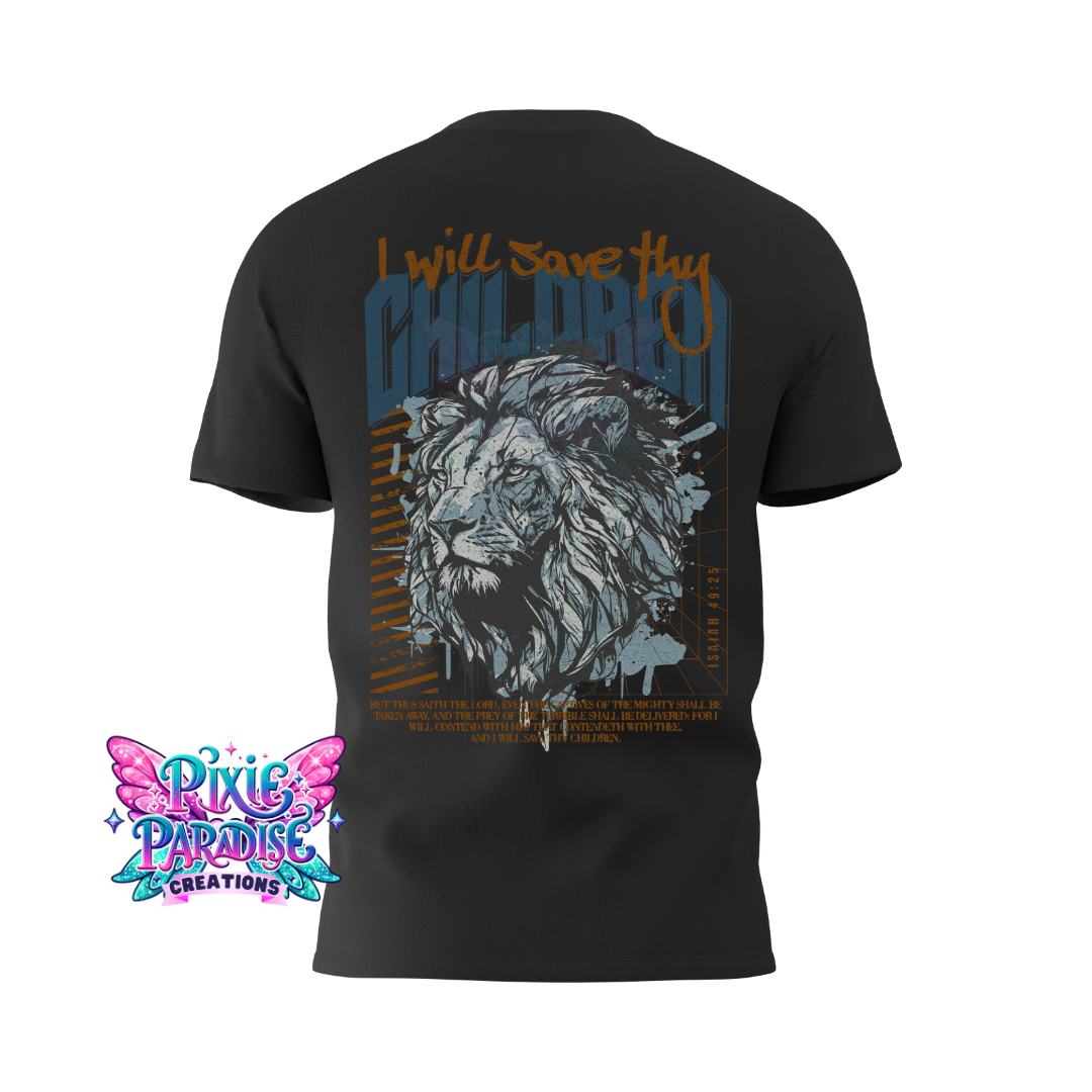 Divine Protector Lion Tee - Black, Isaiah 49:25 Inspired