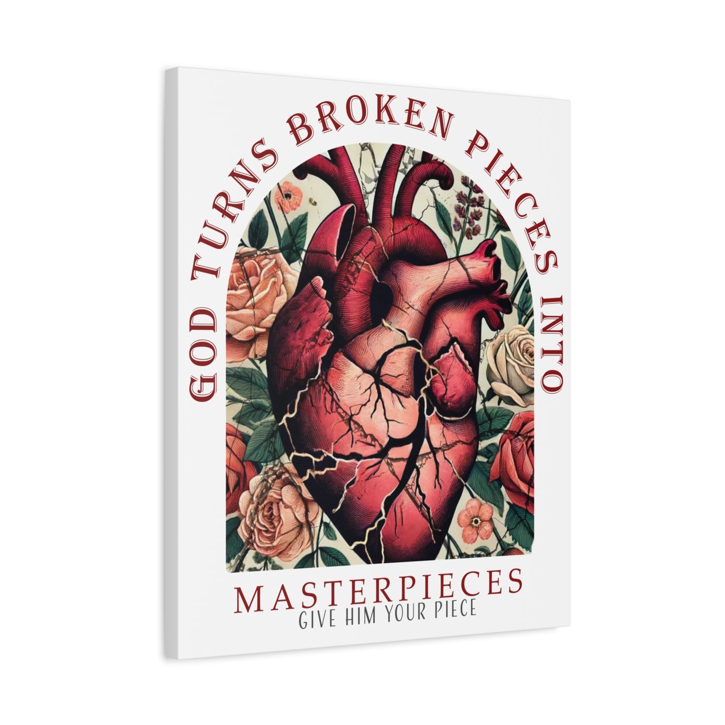 Canvas Art Print - God Turns Broken Pieces into Masterpieces Stretched, Stained Glass Anatomical Heart