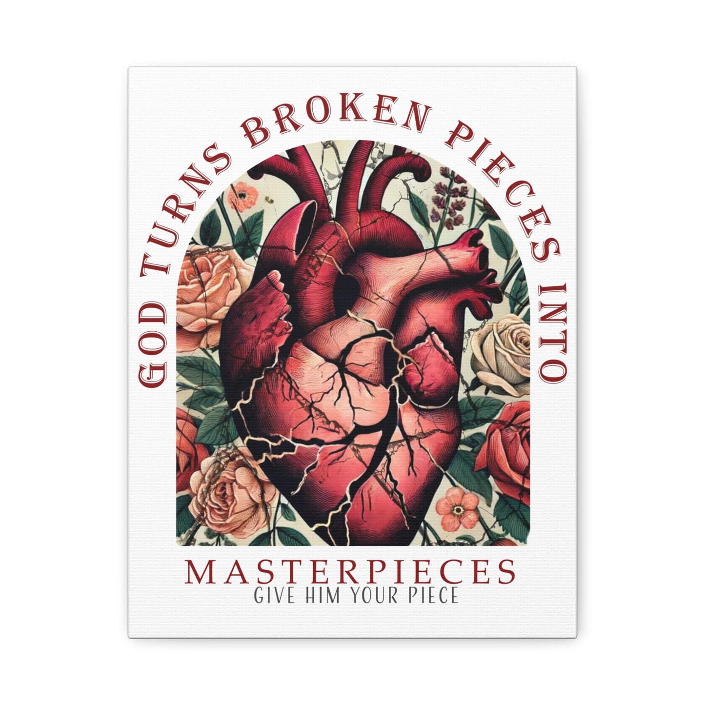 Canvas Art Print - God Turns Broken Pieces into Masterpieces Stretched, Stained Glass Anatomical Heart