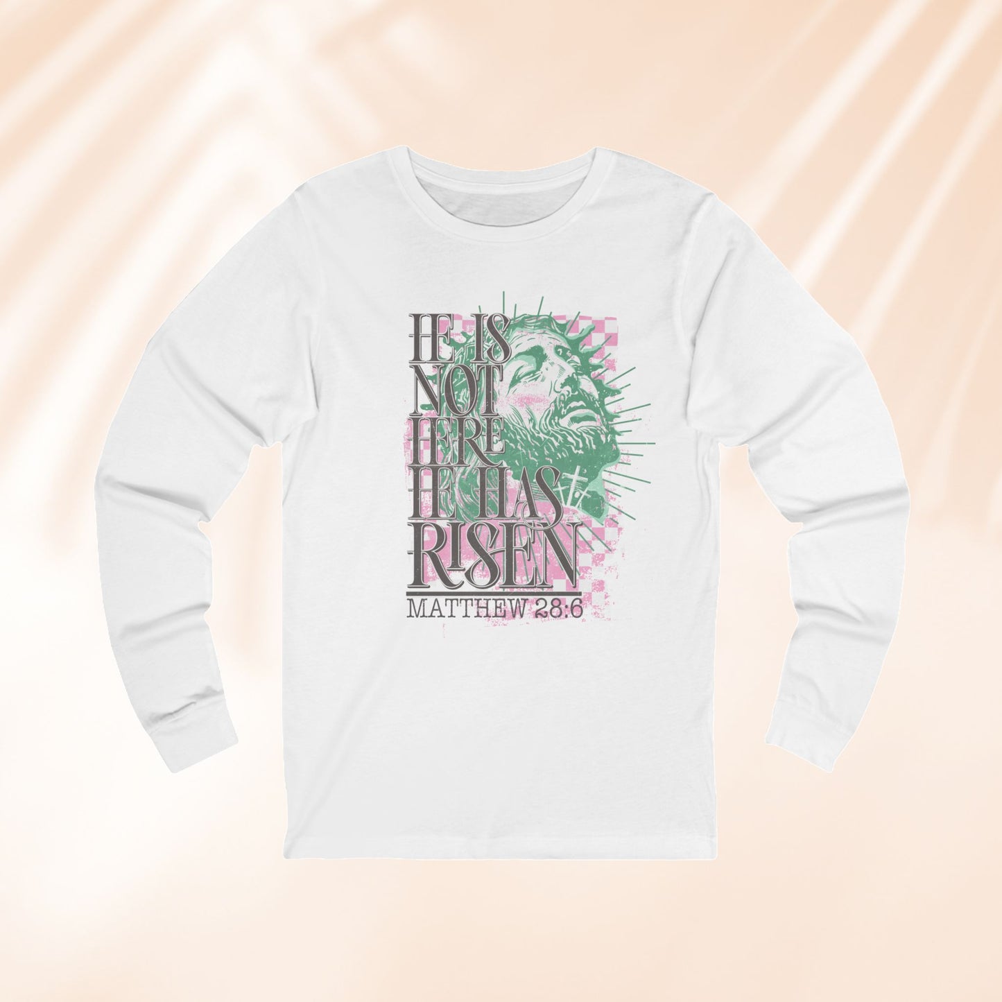 He Has Risen Long Sleeve Christian Shirt - Retro Faith-Based Jesus Design with Crown of Thorns - Easter Bible Verse Apparel