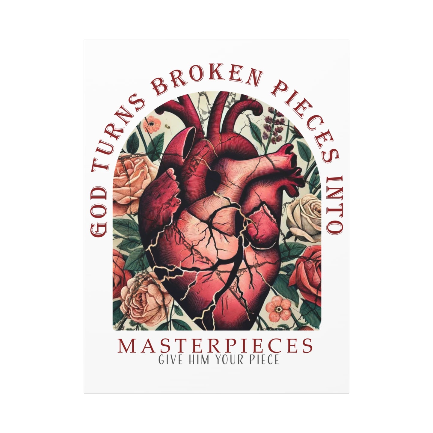 Canvas Art Print - God Turns Broken Pieces into Masterpieces Stretched, Stained Glass Anatomical Heart