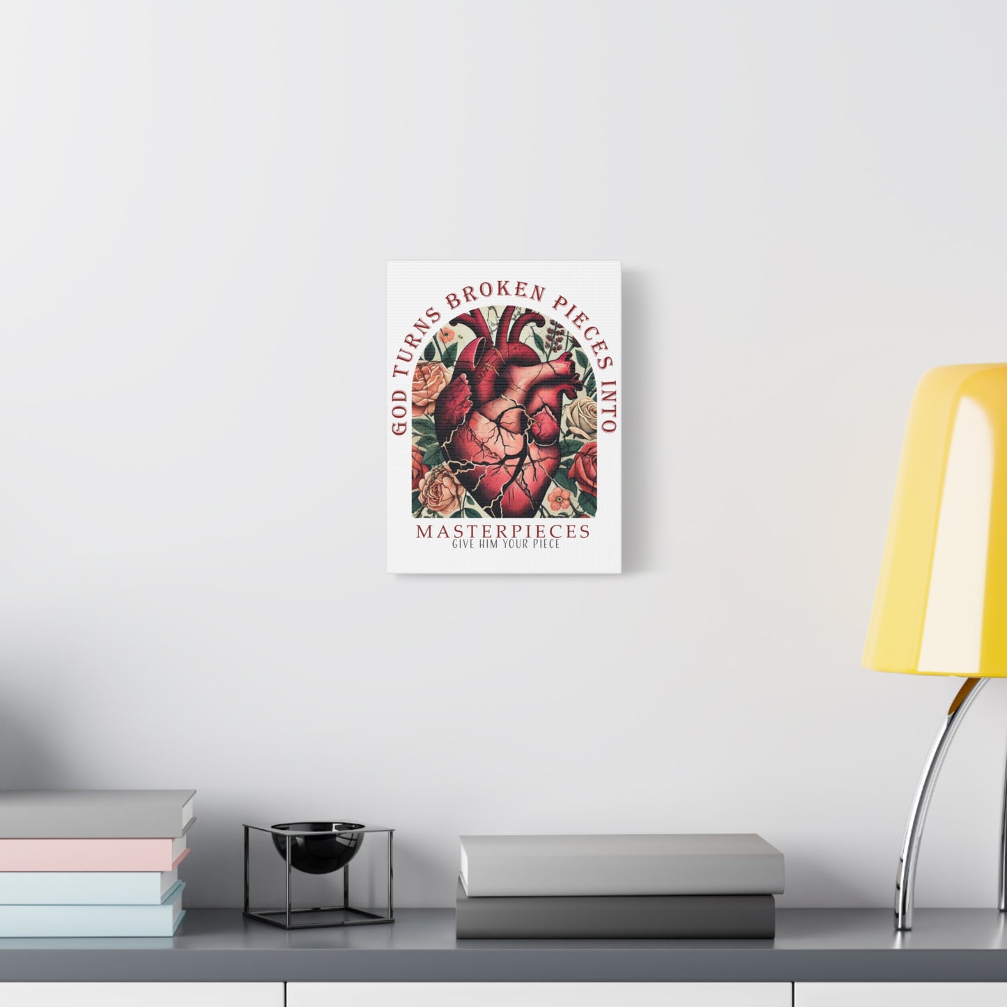 Canvas Art Print - God Turns Broken Pieces into Masterpieces Stretched, Stained Glass Anatomical Heart