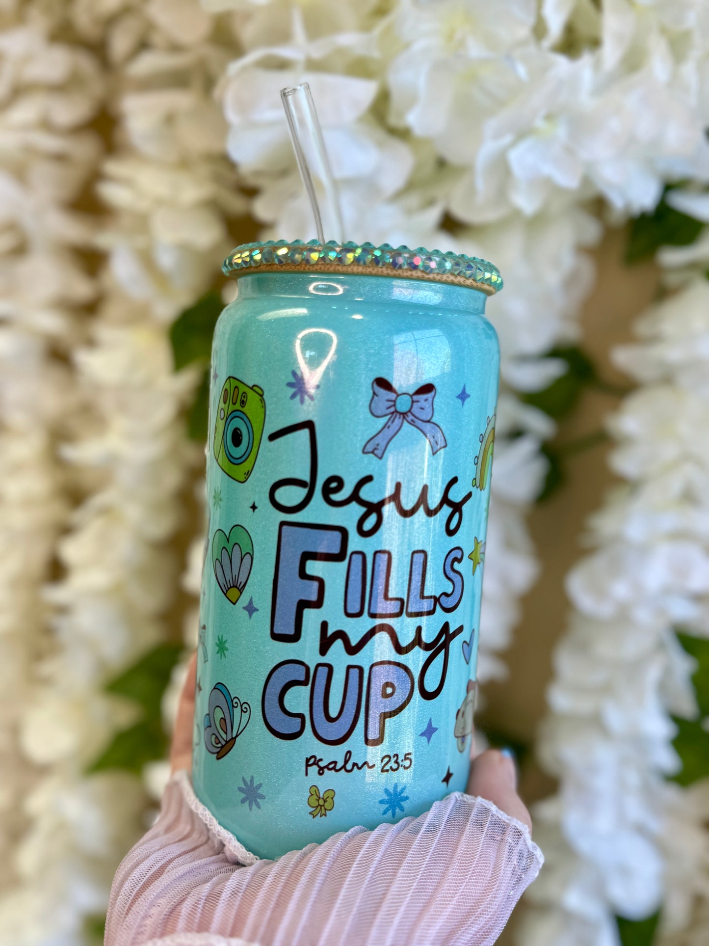 Jesus Fills My Cup Retro Enchanted Libbey Glass with Straw