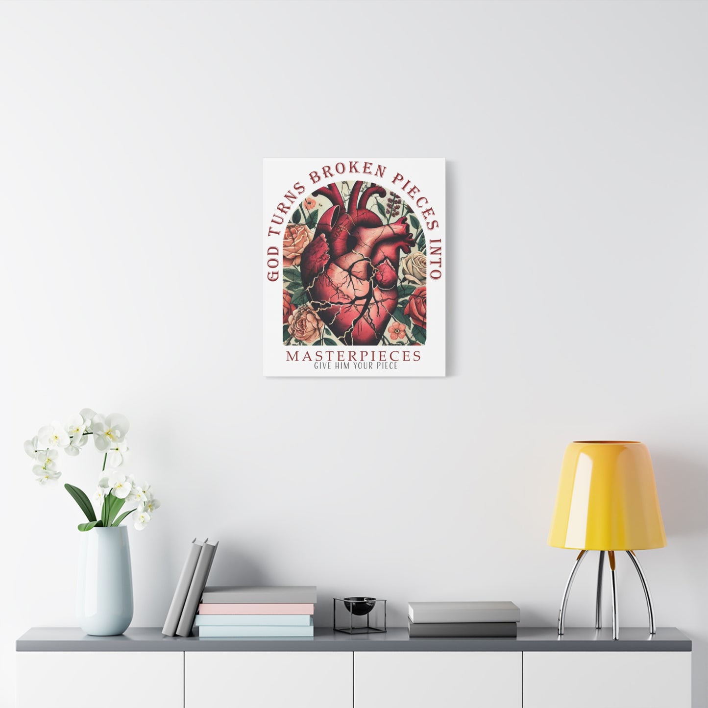 Canvas Art Print - God Turns Broken Pieces into Masterpieces Stretched, Stained Glass Anatomical Heart