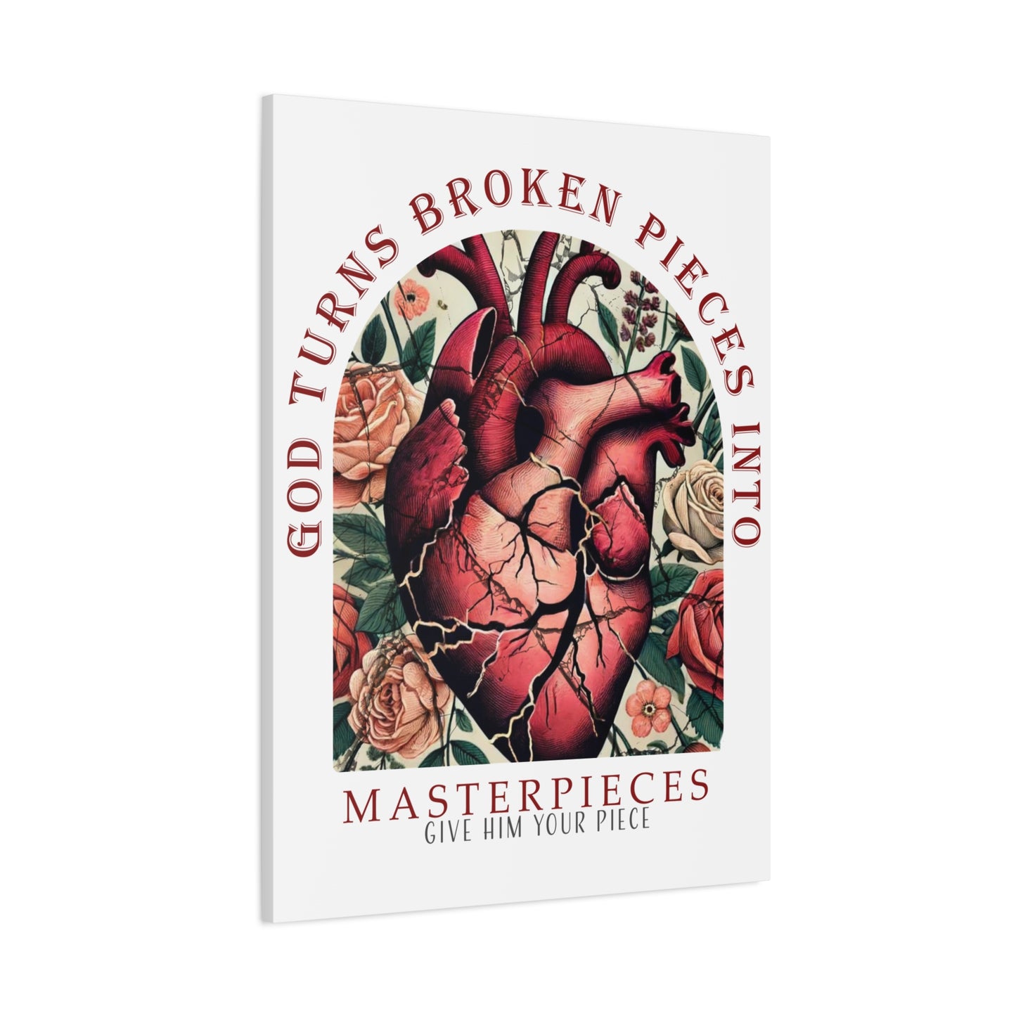 Canvas Art Print - God Turns Broken Pieces into Masterpieces Stretched, Stained Glass Anatomical Heart