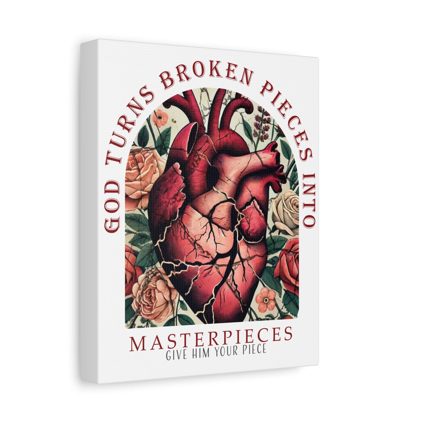 Canvas Art Print - God Turns Broken Pieces into Masterpieces Stretched, Stained Glass Anatomical Heart