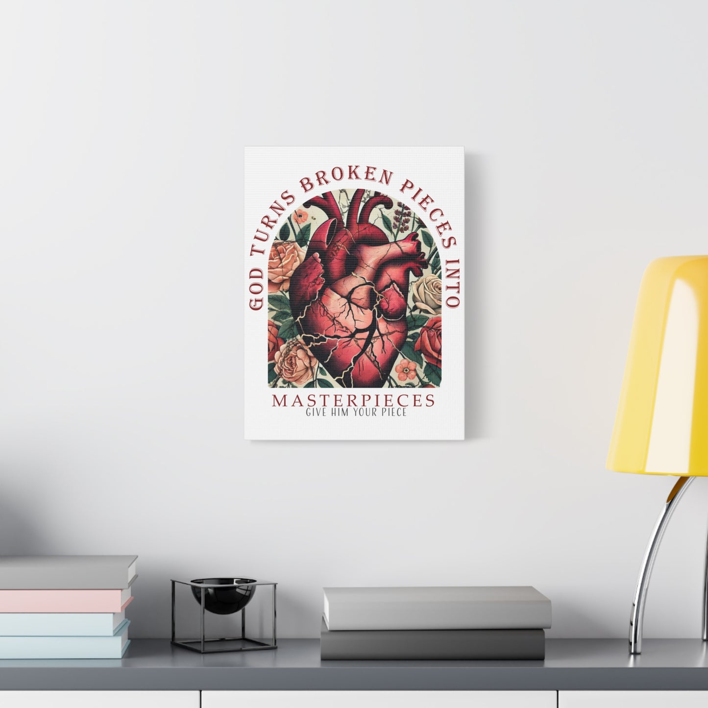 Canvas Art Print - God Turns Broken Pieces into Masterpieces Stretched, Stained Glass Anatomical Heart