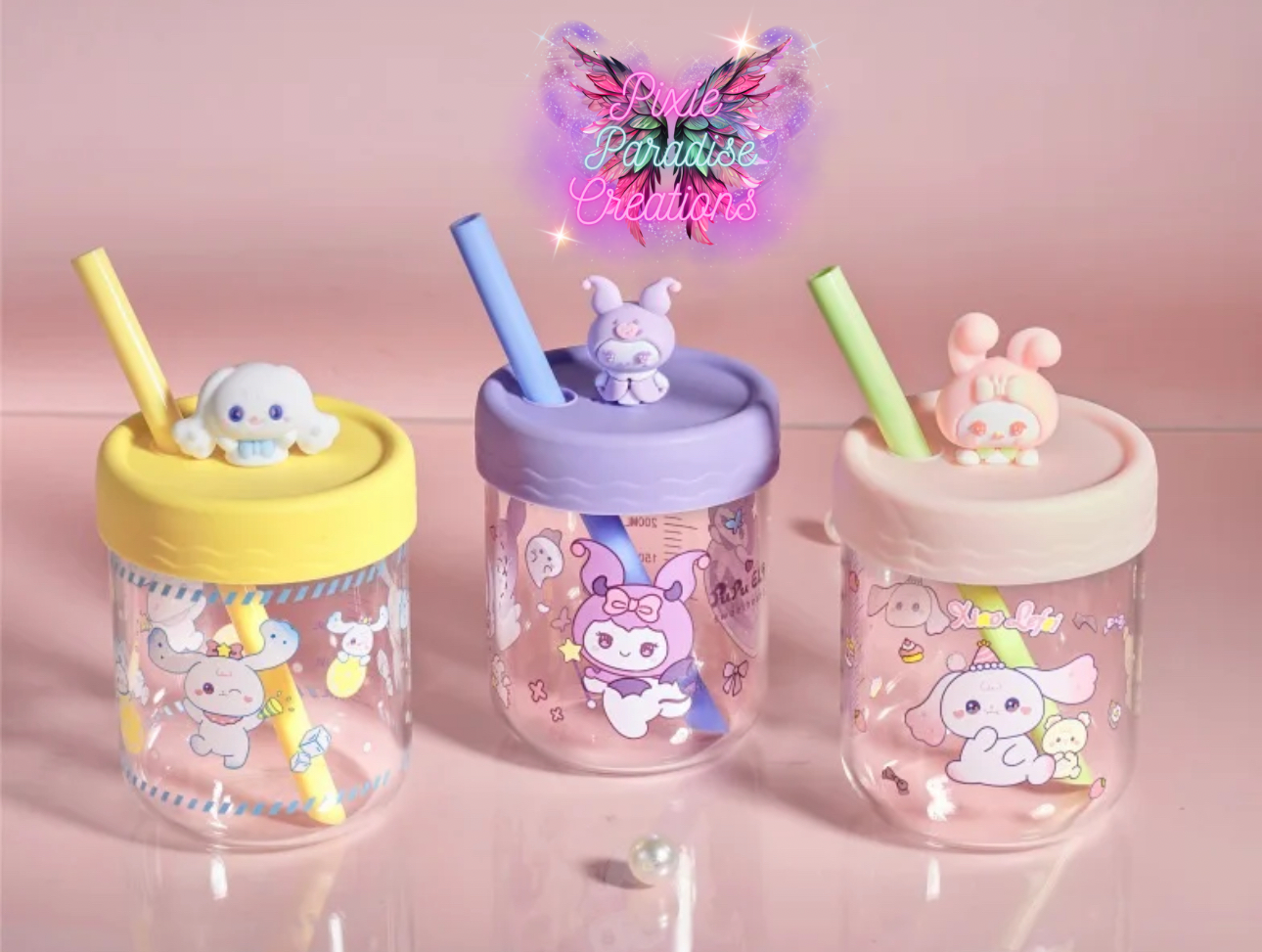 Sanrio Style Glass Boba Cup | Cute Cartoon Glass | Colored Straw & Lid