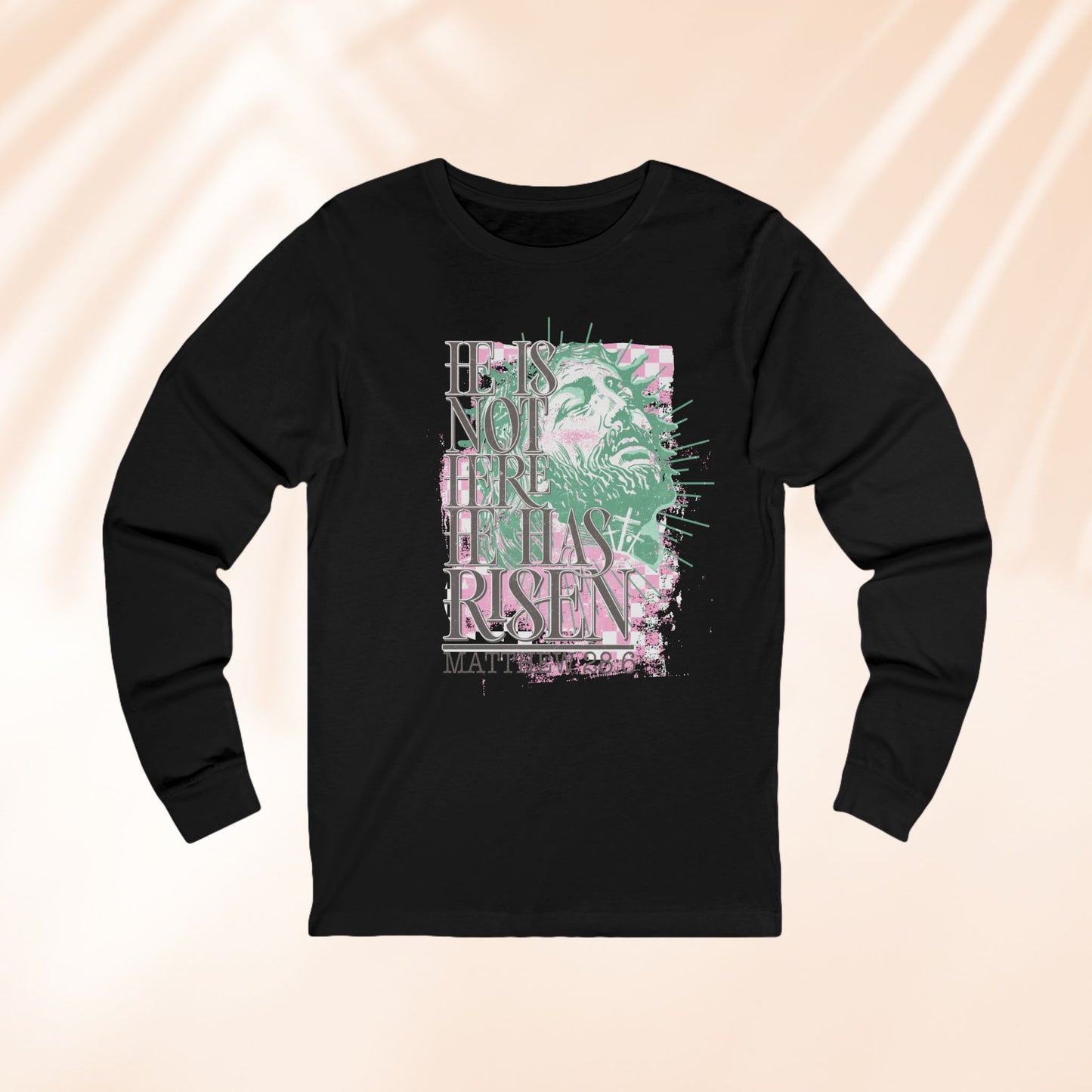 He Has Risen Long Sleeve Christian Shirt - Retro Faith-Based Jesus Design with Crown of Thorns - Easter Bible Verse Apparel