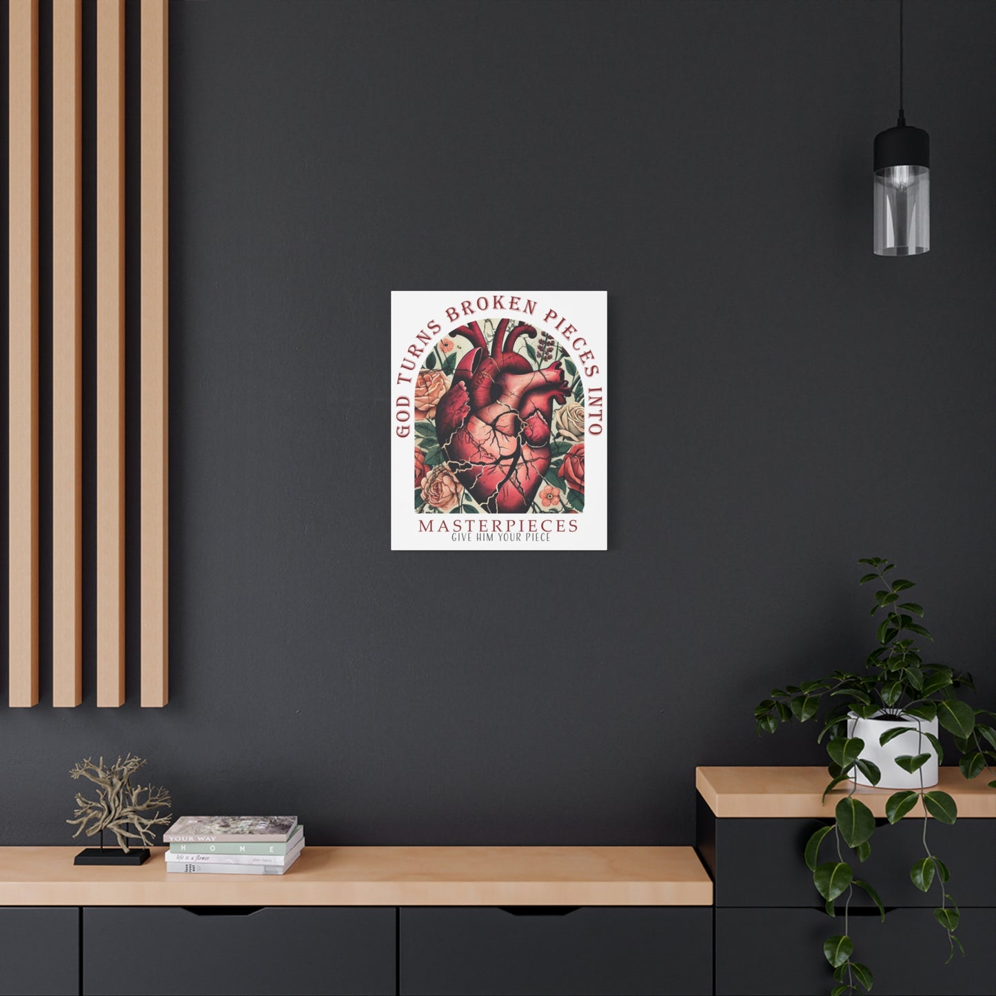 Canvas Art Print - God Turns Broken Pieces into Masterpieces Stretched, Stained Glass Anatomical Heart