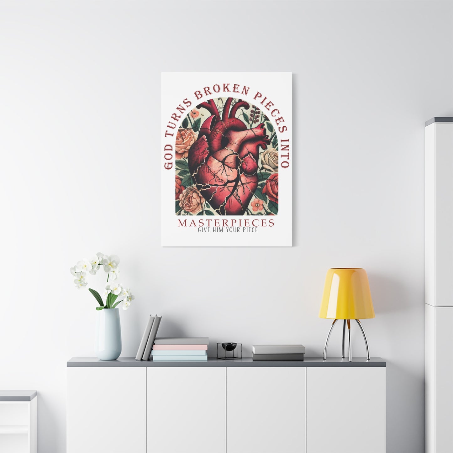 Canvas Art Print - God Turns Broken Pieces into Masterpieces Stretched, Stained Glass Anatomical Heart