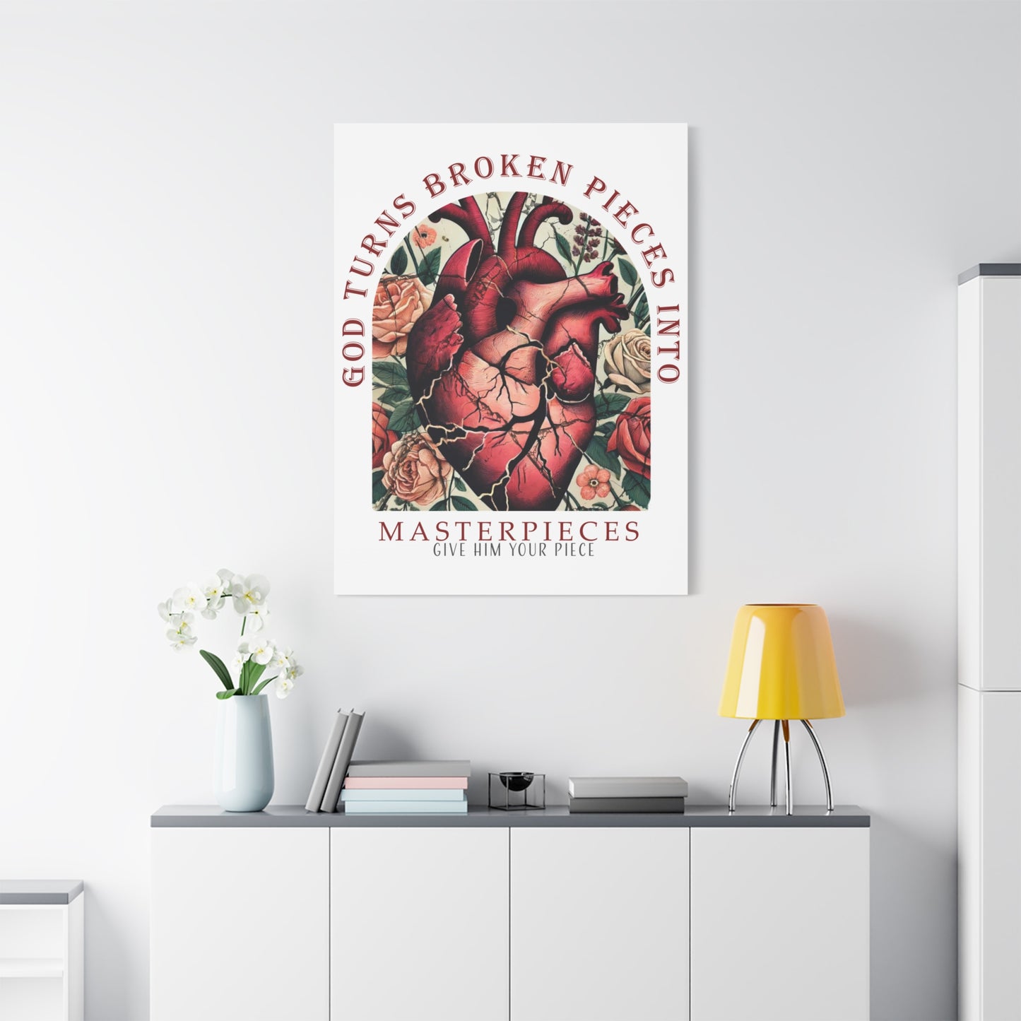 Canvas Art Print - God Turns Broken Pieces into Masterpieces Stretched, Stained Glass Anatomical Heart