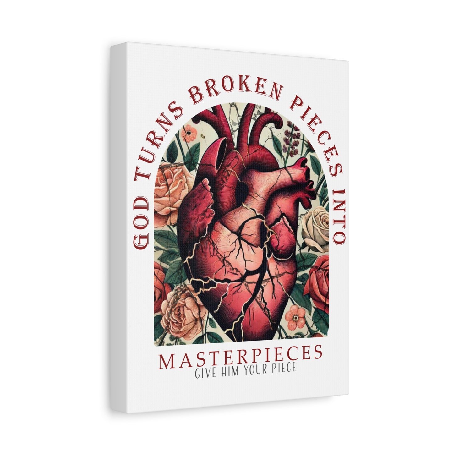 Canvas Art Print - God Turns Broken Pieces into Masterpieces Stretched, Stained Glass Anatomical Heart