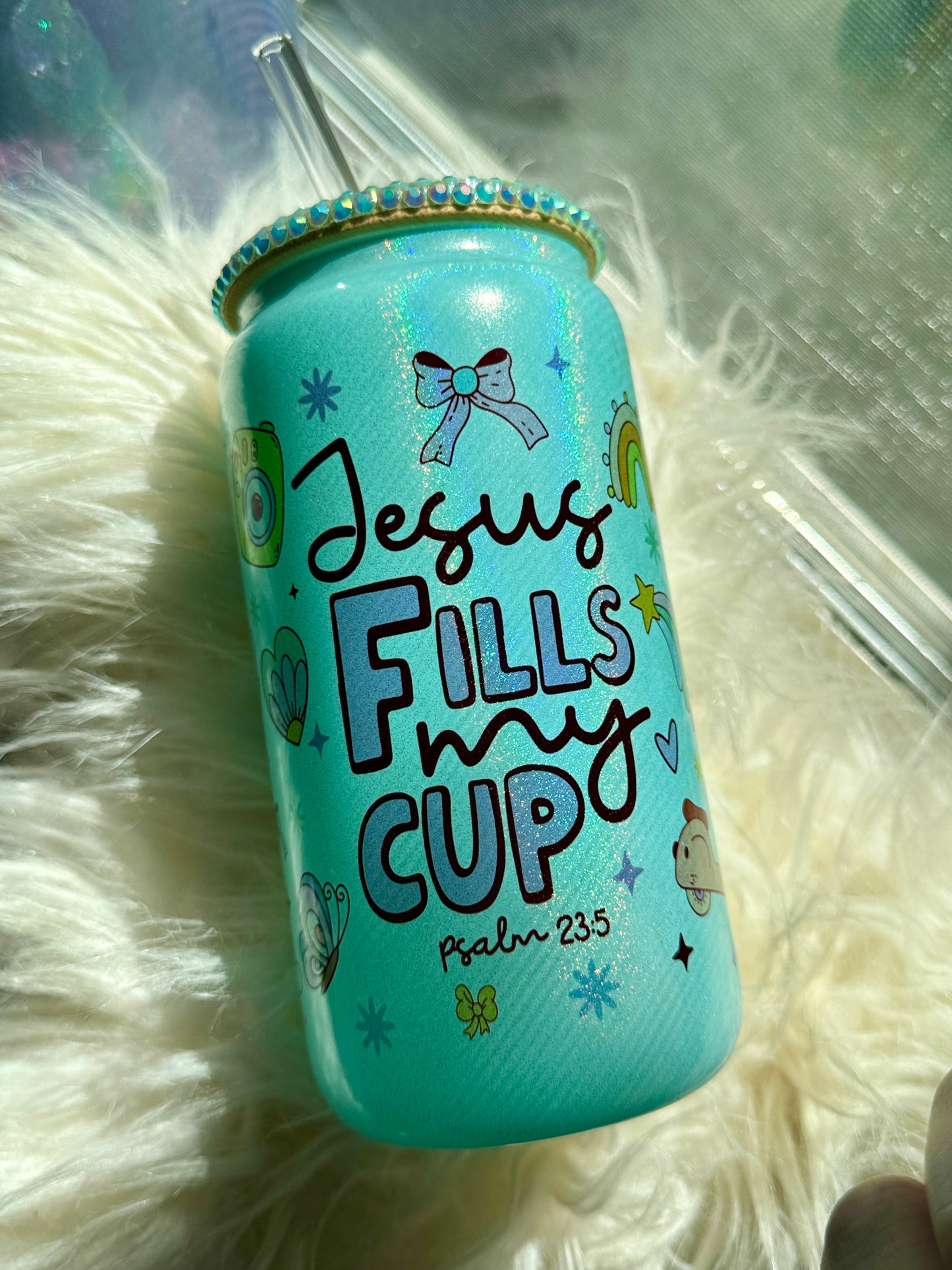 Jesus Fills My Cup Retro Enchanted Libbey Glass with Straw