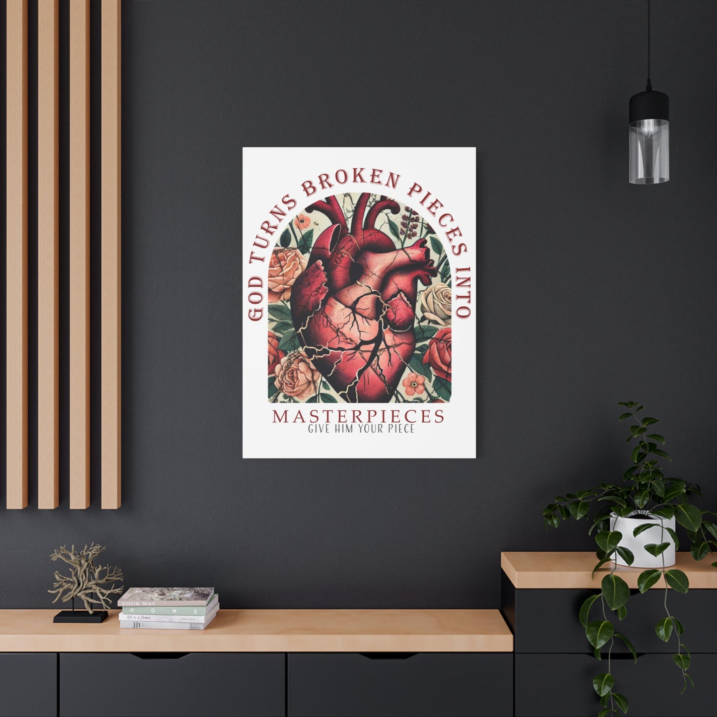 Canvas Art Print - God Turns Broken Pieces into Masterpieces Stretched, Stained Glass Anatomical Heart