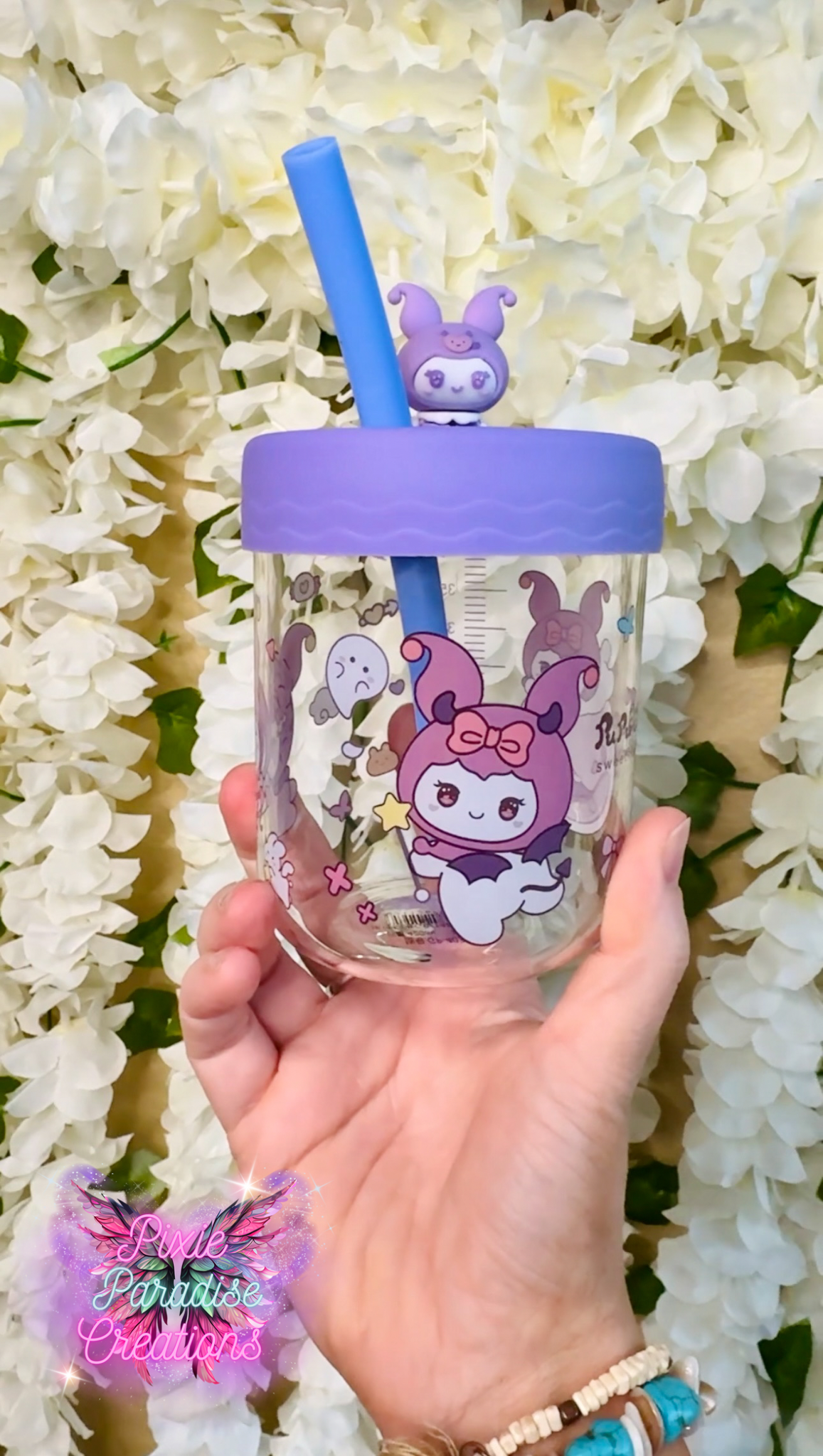 Sanrio Style Glass Boba Cup | Cute Cartoon Glass | Colored Straw & Lid