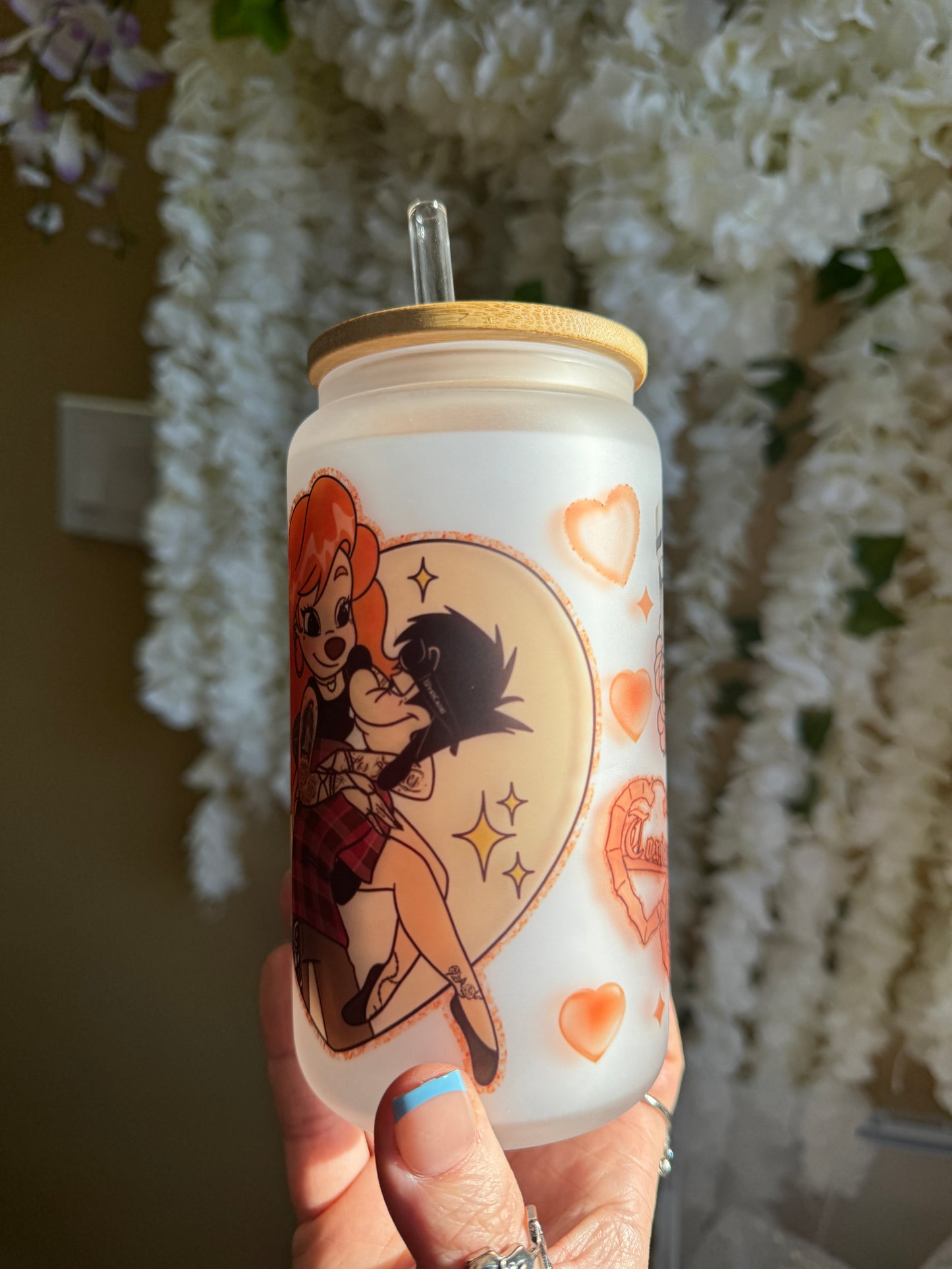 Crazy Love | Roxanne & Max Chicana Style Frosted Libbey Glass Jar 16 oz Drinkware