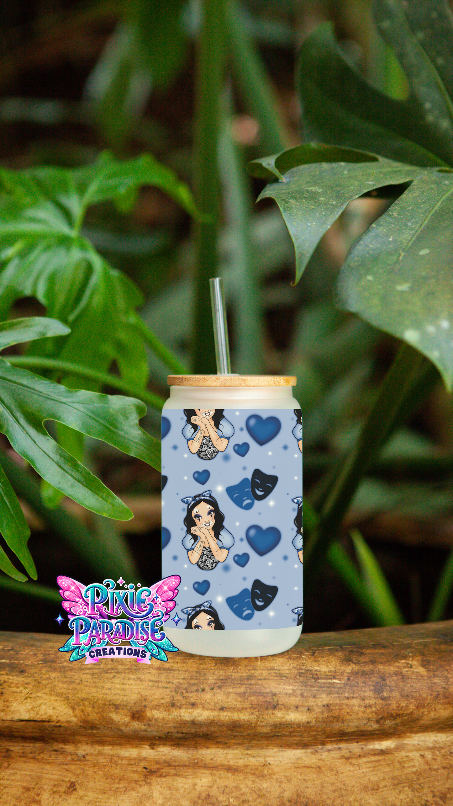 Cobalt Charm| Airbrushed Chicana Snow White  | Frosted Glass Libbey Jar