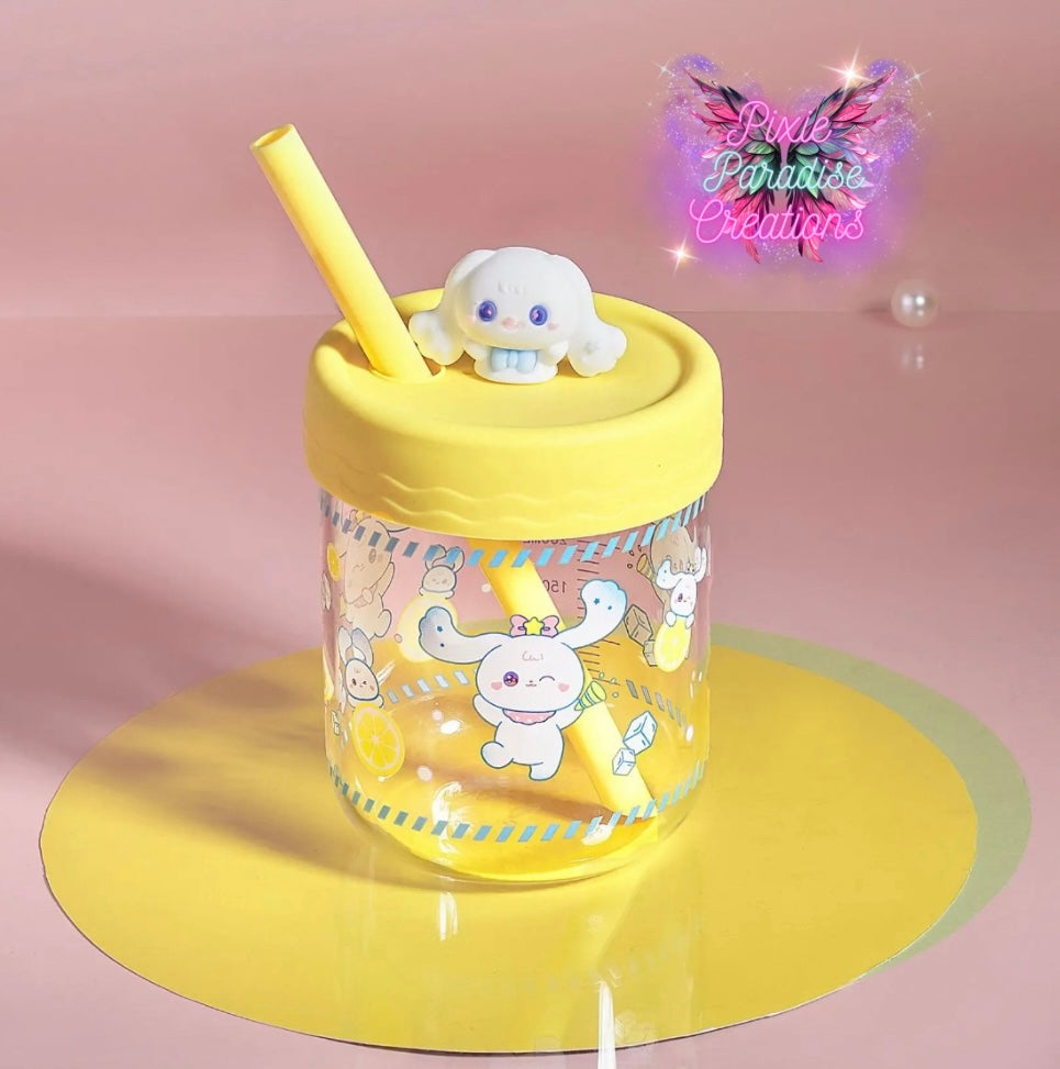 Sanrio Style Glass Boba Cup | Cute Cartoon Glass | Colored Straw & Lid