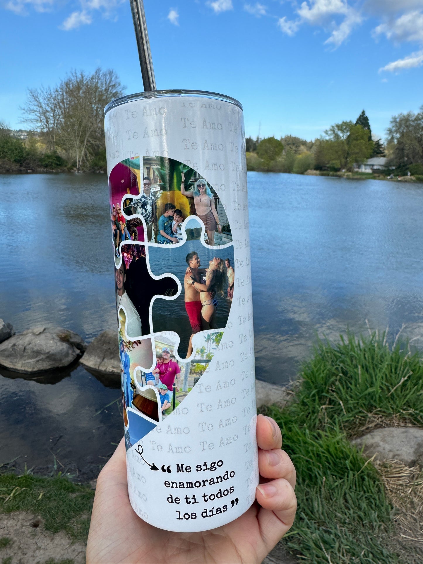 Personalized 'Te Amo' Love Puzzle Tumbler - Custom Photo Collage Travel Cup - Unique Gift for Couples