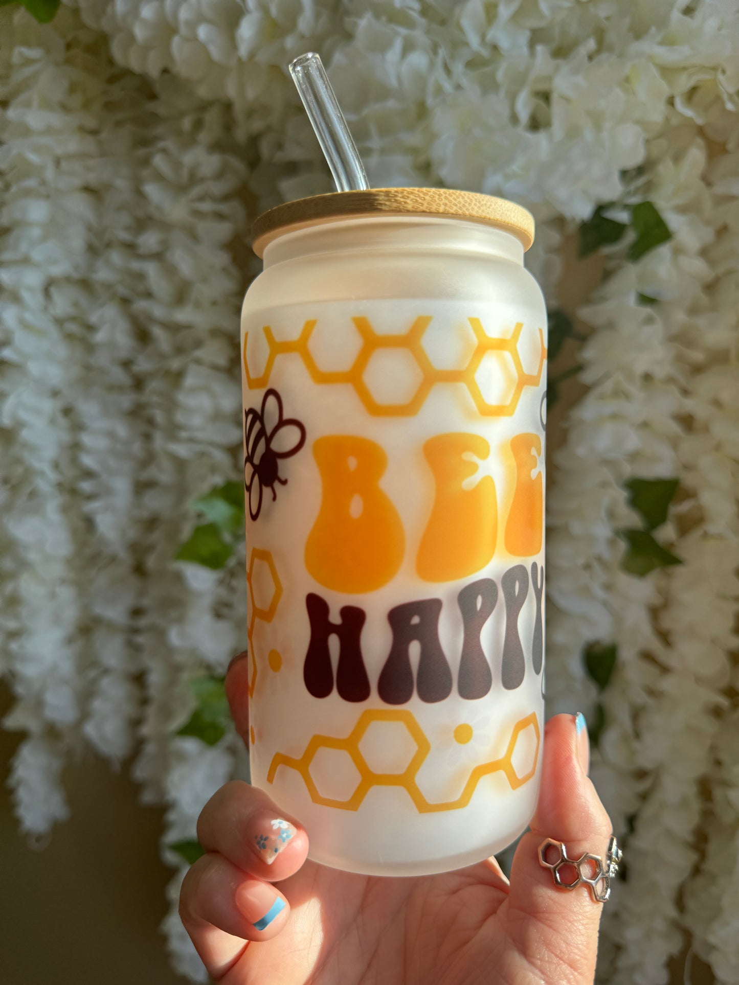 Bee Happy Inspirational  Frosted Libbey Glass Jar | Bamboo Lid and Straw - Bee and Honeycomb Design