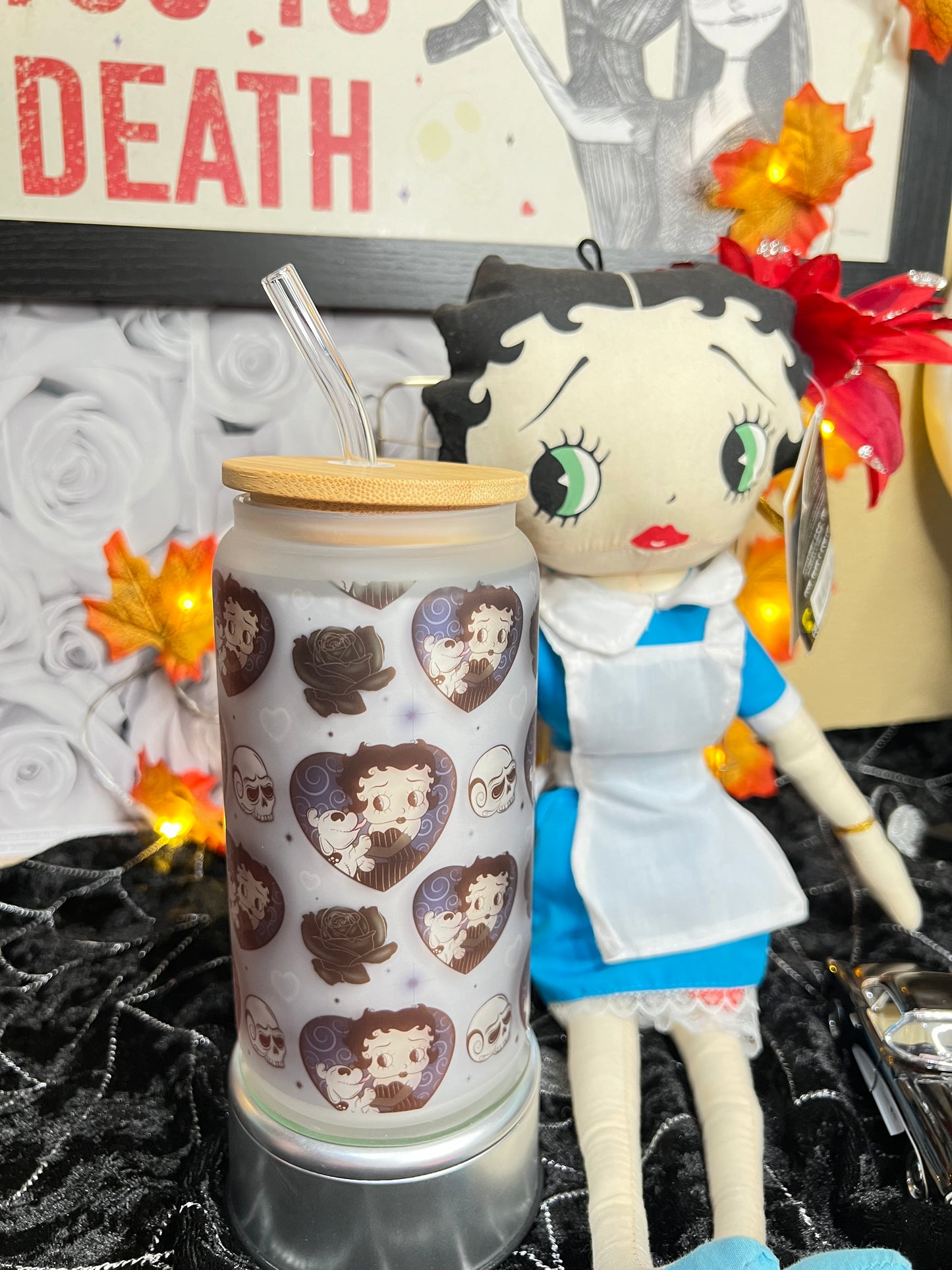 Betty Boop x Tim Burton Style Airbrushed y2k Frosted Glass Libbey Jar