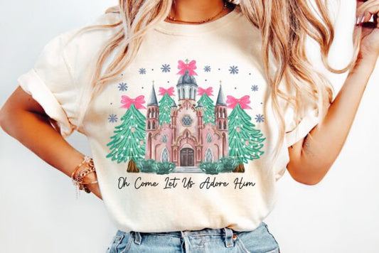 Oh Come Let Us Adore Him Pink Cathedral Christmas T-Shirt