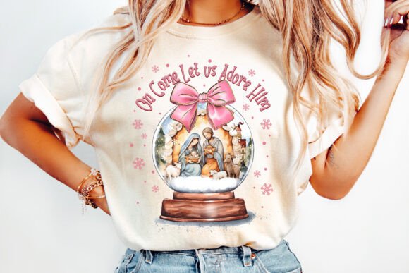 Oh Come Let Us Adore Him Snow Globe Nativity T-Shirt