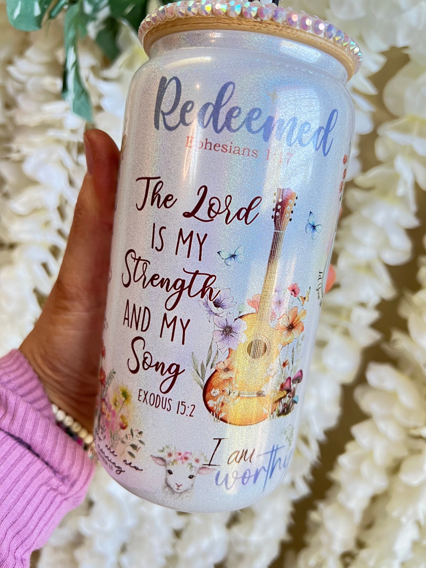 Custom Designed Bible Affirmation | White Enchanted Libbey Glass Jar| Blinged out Bamboo Lid | Plastic straw | Approx 6" tall