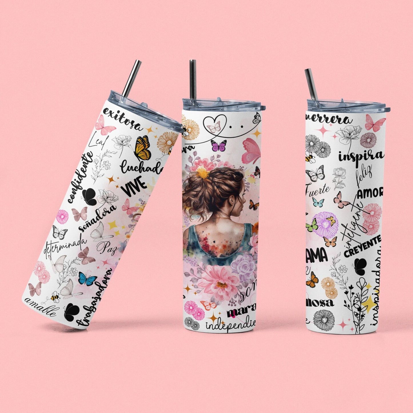 Vaso Térmico con Afirmaciones Positivas - Diseño Floral Inspirador con Acero Inoxidable y Pajita