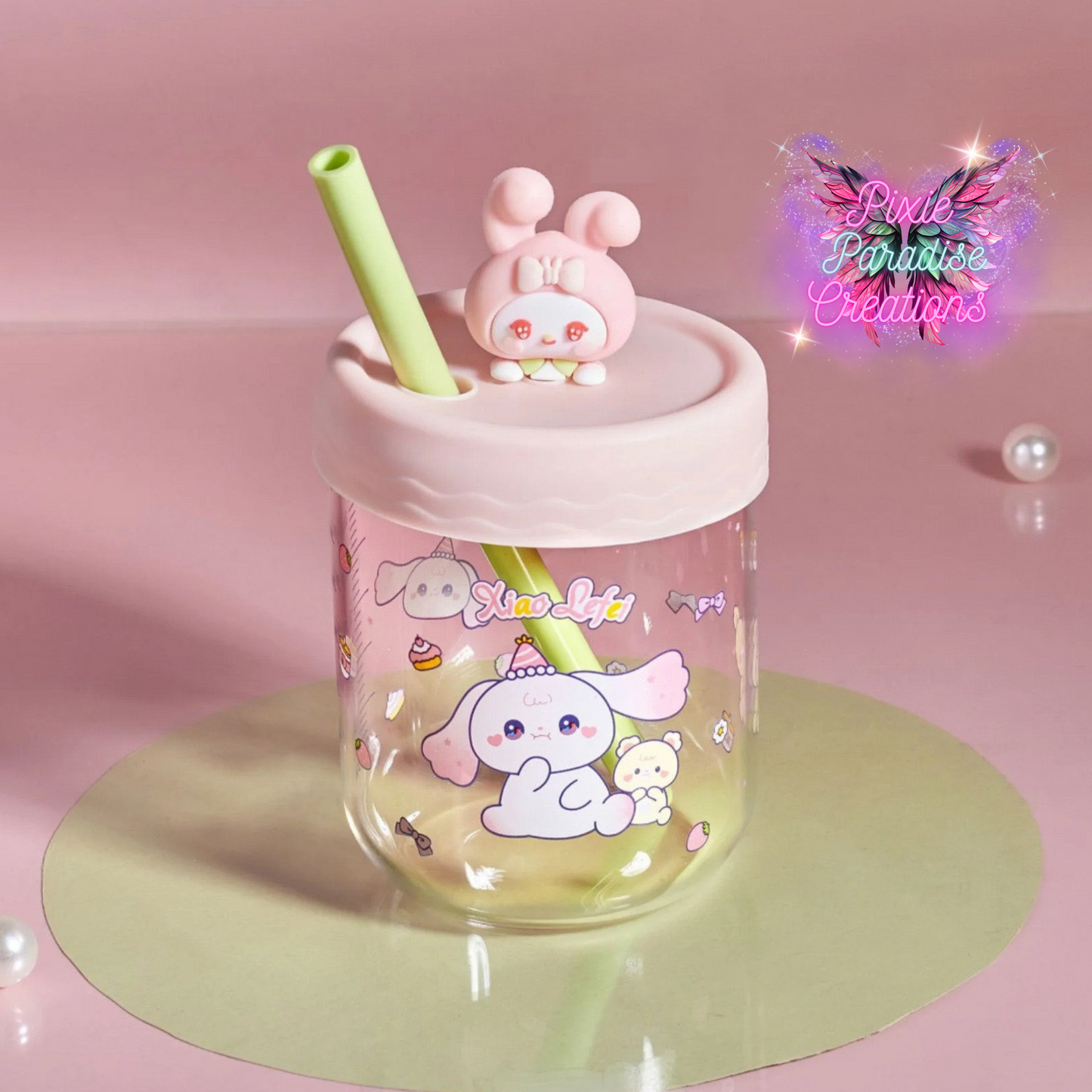 Sanrio Style Glass Boba Cup | Cute Cartoon Glass | Colored Straw & Lid