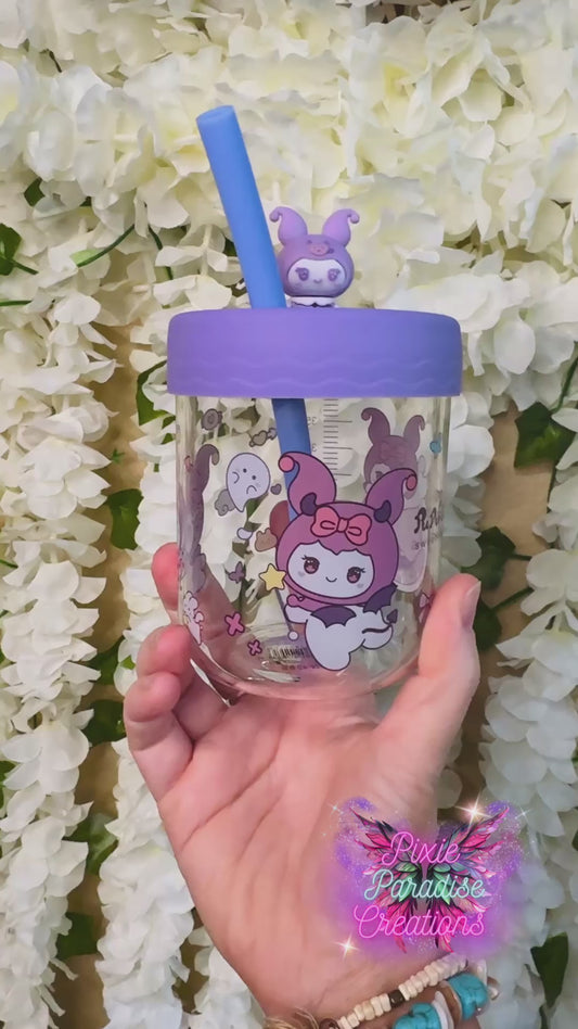 Sanrio Style Glass Boba Cup | Cute Cartoon Glass | Colored Straw & Lid