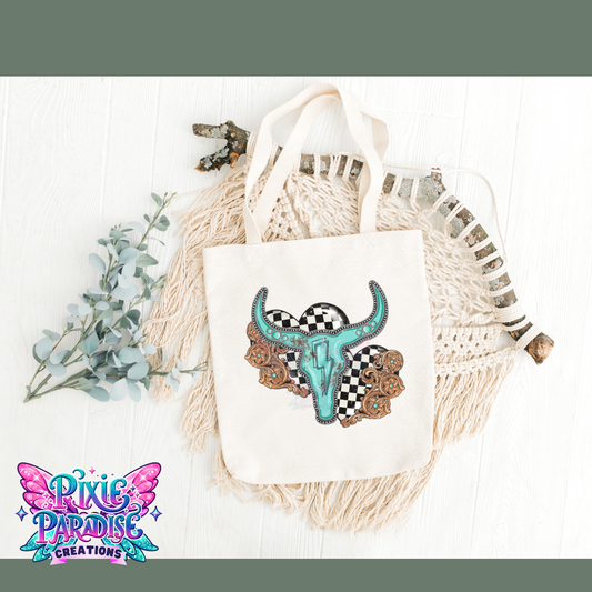 Western Checkerboard Bull Tote Bag